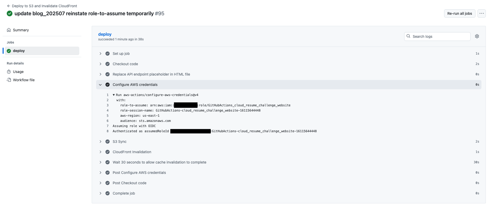 GitHub Actions new workflow showing assumedRoleId being used