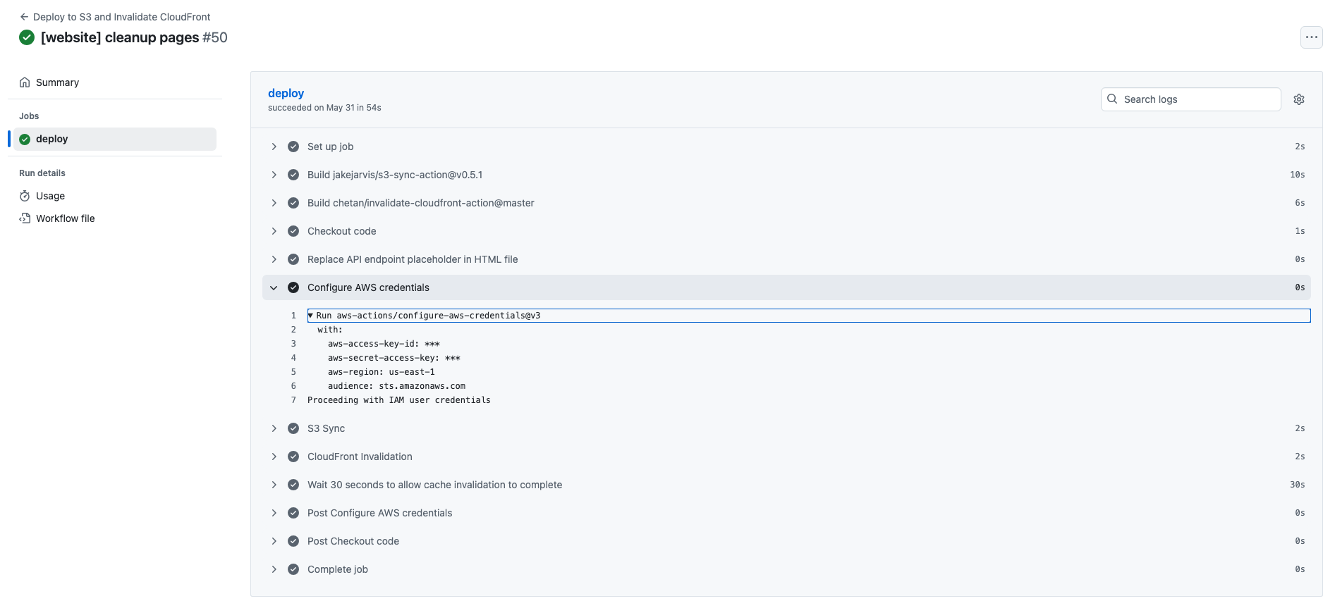 GitHub Actions old workflow showing Secrets being used